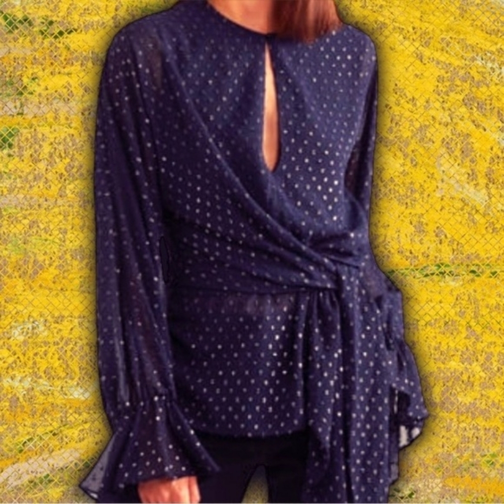 💘 Jonathan Simkhai Metallic Wrap Blouse in Midnight Blue XS ASO Sunny Hostin - Picture 4 of 10